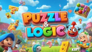 Create a cute 3d pixal style picture for game cover with text 'Puzzle & Log_20260801_153753_0000